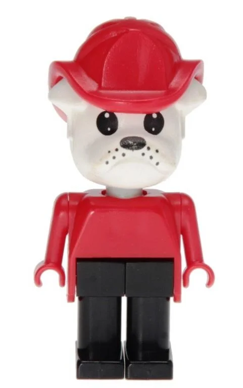 Fabuland Figure Bertie Bulldog with White Head, Red Torso, Arms and Hands, Black Legs and Red Fireman Helmet