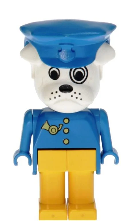 Fabuland Figure Boris Bulldog with White Head, Gold Buttons, Blue Arms and Hands, Yellow Legs and Blue Postman Hat