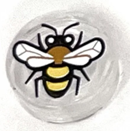 Tile, Round 1 x 1 with Black, Medium Nougat and Yellow Bee with White Eyes and Wings Pattern